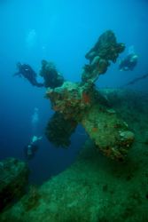 Here Divers fan out on the propeller of the Rio De Janeir... by Terry Moore 